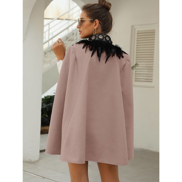 Contrast Feather collar open front Tweed Cape pea Coat gray - Picture 5 of 11